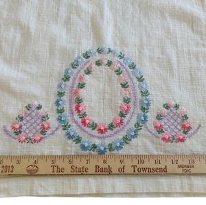 Embroidered vintage table runner. 38" x 15". Blue, pinks, lavender, gree…